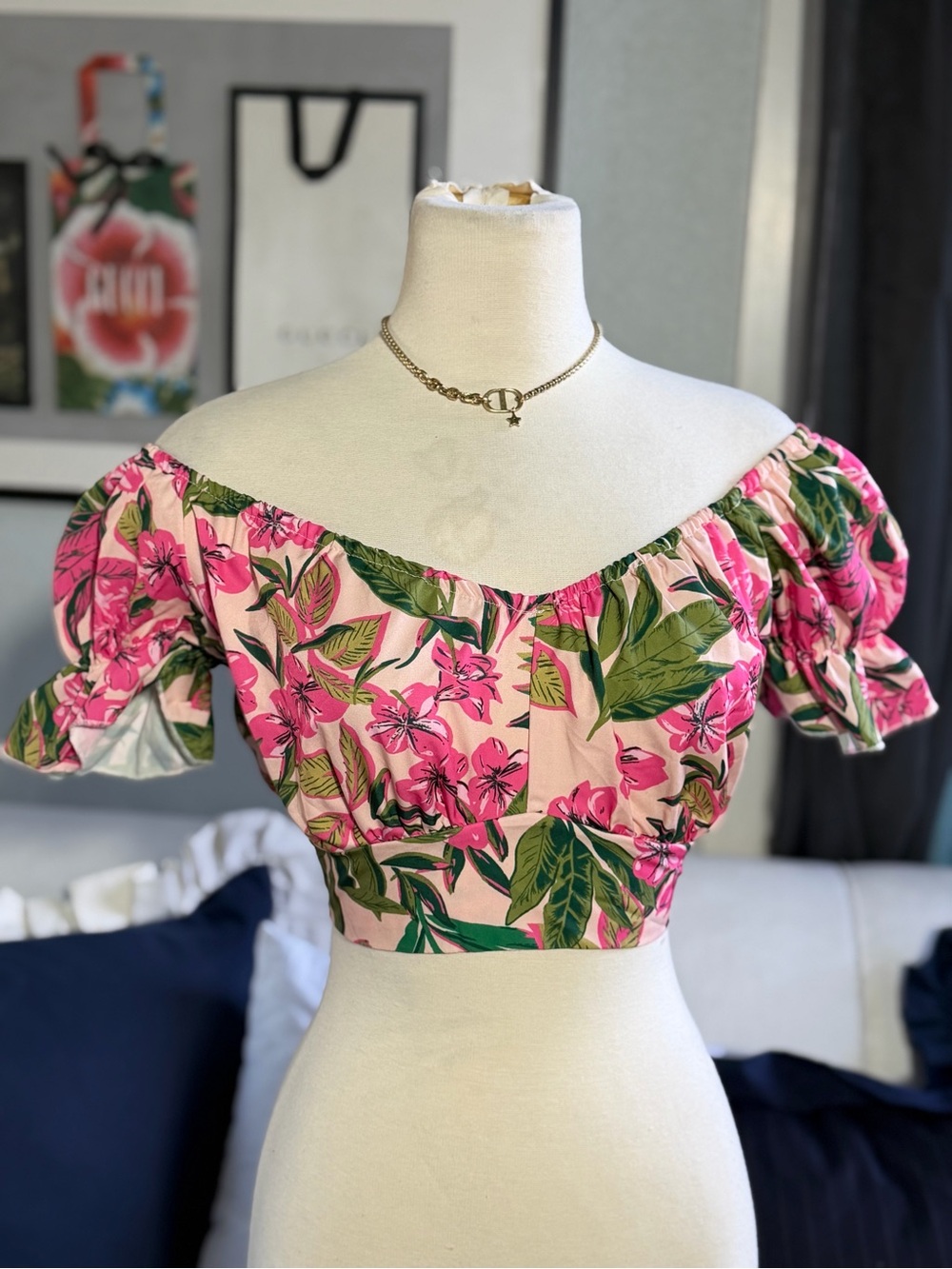 Pink Floral Off-Shoulder Crop Top with Green Leaves